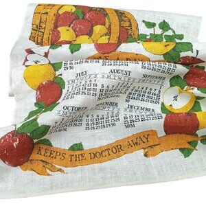 Vintage 1973 "An Apple A Day" Linen Calendar Tea Towel With Rustic Fruit Print